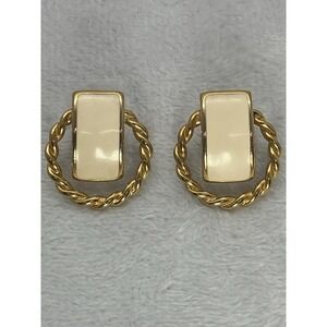 Vtg Monet Earrings Gold Tone Rope Cream Enamel Pierced Elegant Classic Estate